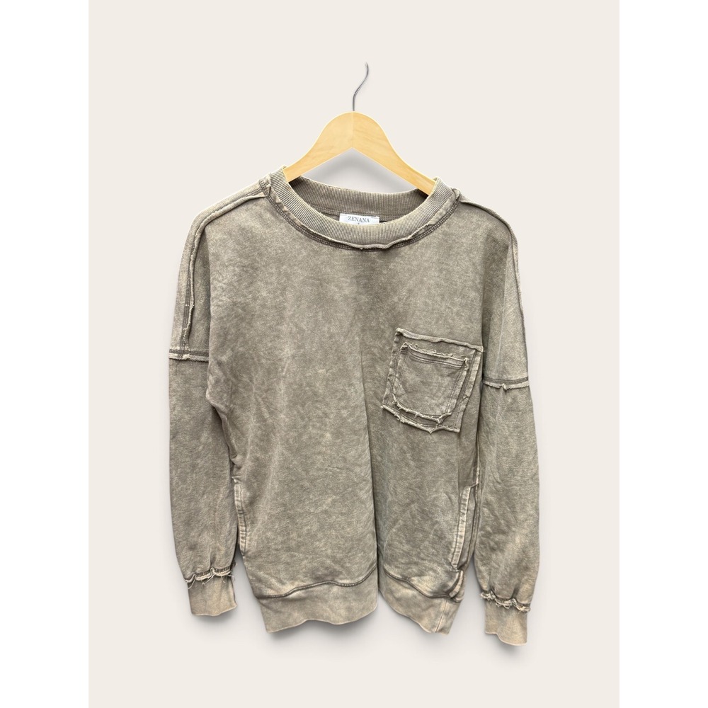 Zenana Mineral Wash Distressed Sweatshirt Khaki Green TTW-5203D4 Small NWOT